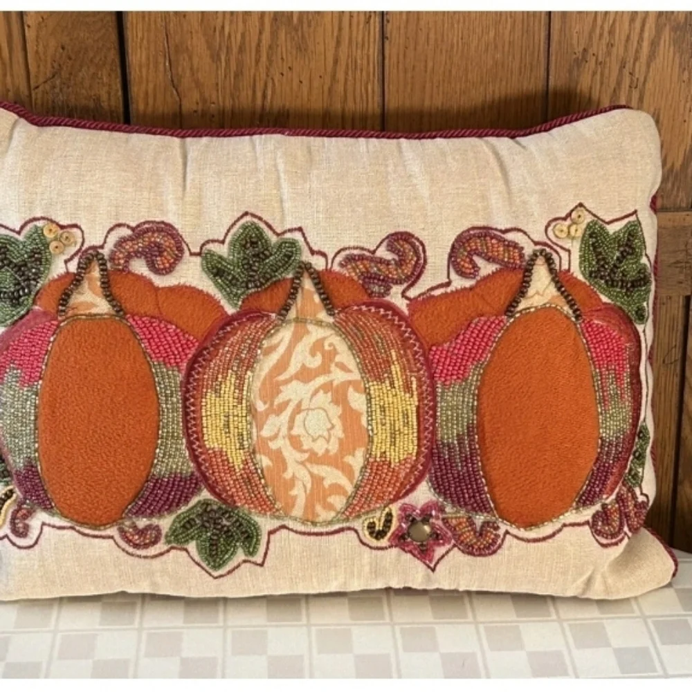 Pier 1 One Imports Pillow Jute Bead Pumpkin Fall  Decor Throw Cord Halloween